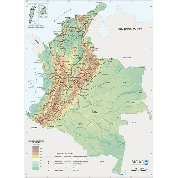 Iconic Arts Laminated 24x32 Poster: Colombia Physical Map - Full Size