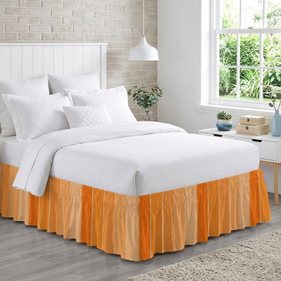 Bright Orange Ombre Bed Skirt Queen Size 16 Inch Drop, Amber Wood Grain Stripes Rustic Country Adjustable Elastic Dust Ruffles Bedskirt for Queen Bed Wrap Around Pleated Mattress Frame Cover