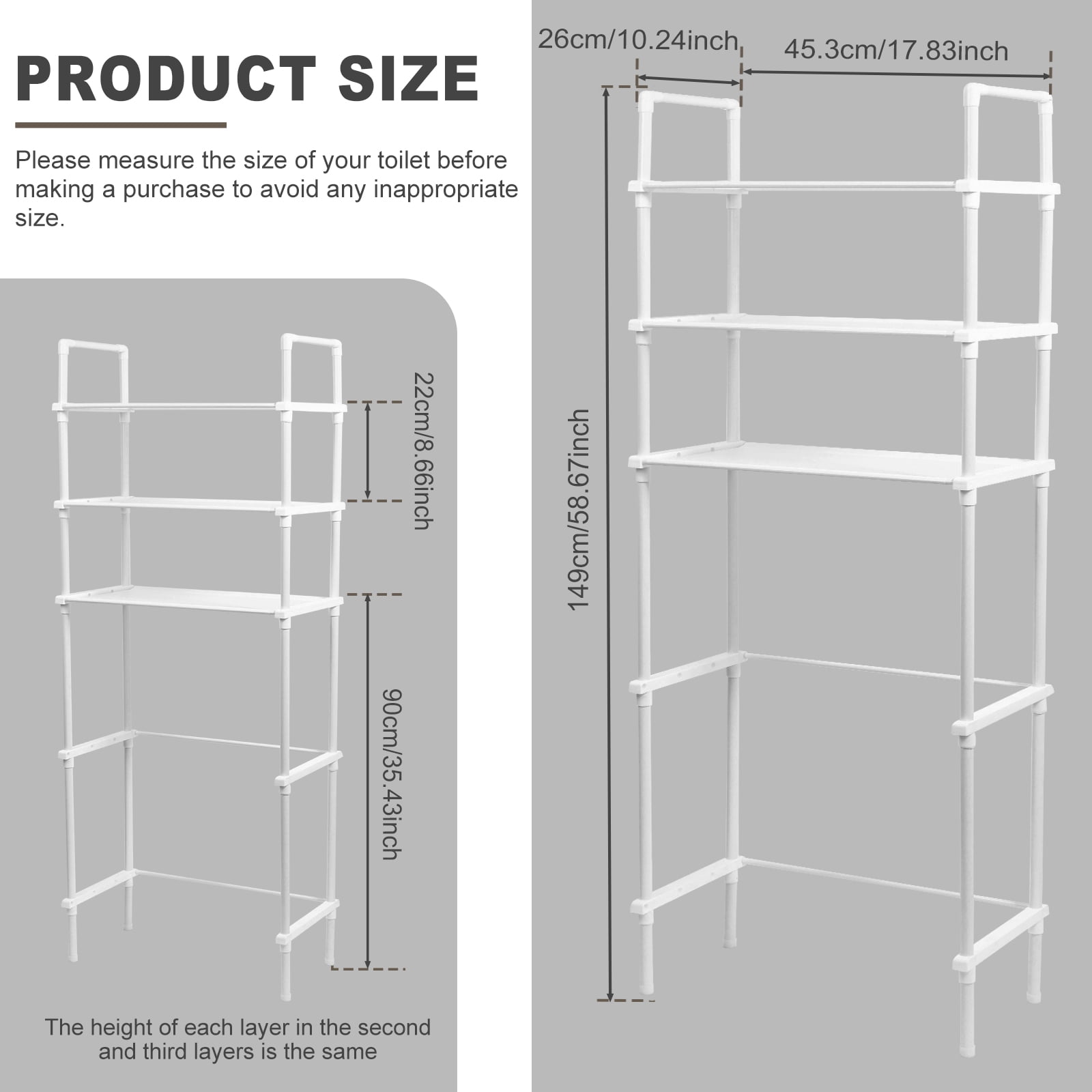 Dznils Over the Toilet Storage Shelf, 3-Tier Steel Bathroom Storage Organizer Space Saver, White