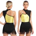 thumbnail image 3 of Body con flecos para gimnasia con lentejuelas brillantes para mujer, disfraces recortados sin mangas, traje de leotardo de baile latino Tango cha-cha, 3 of 5