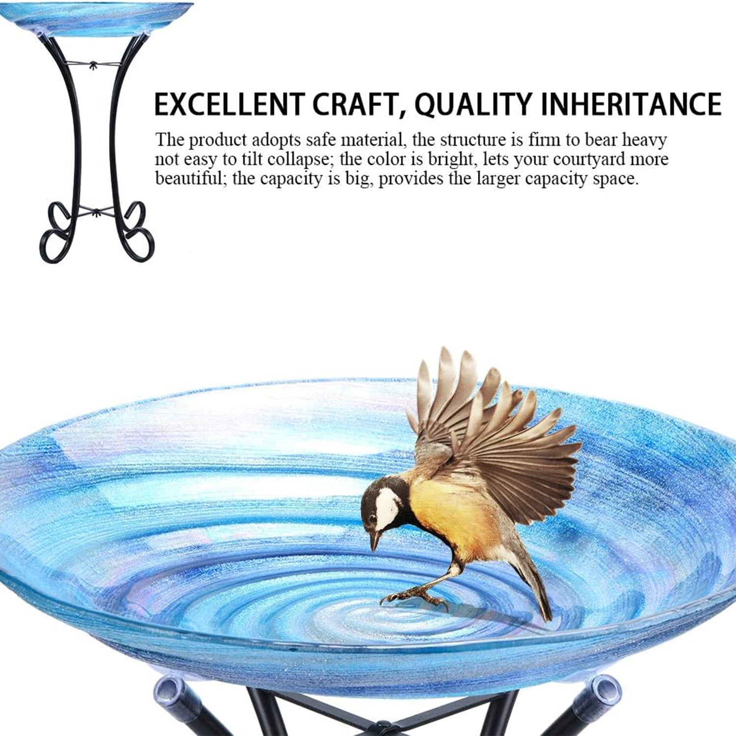 Outdoor Glass Birdbath with Metal Stand for Lawn Yard Garden Decor,18” Dia/21.65 Height