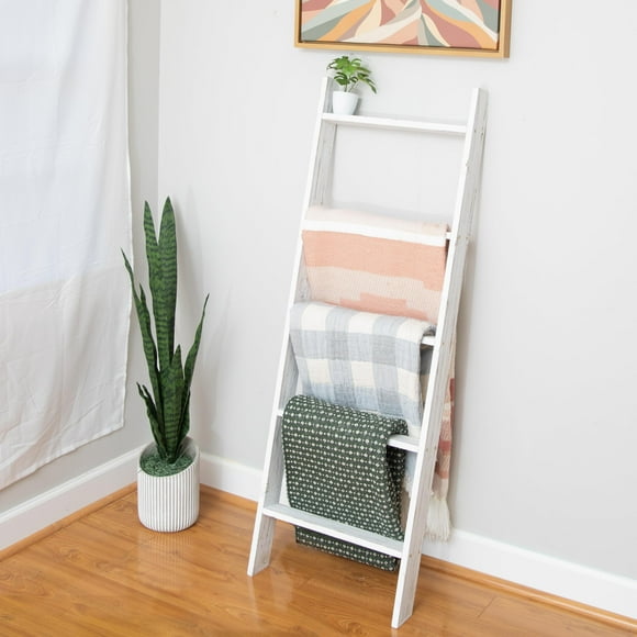 Ilyapa Blanket Ladder For Living Room Towel Holder Stand - Rustic Decorative Quilt Ladder Blanket Ladders For Living Room Farmhouse White Weathered Wood Farmhouse Decor Living Room