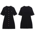 thumbnail image 3 of Robe Courte Décontractée pour Femme en Tricot Côtelé, Manches Courtes, Col Rond, Mini Robe Chandail Ligne A avec Boutons Décoratifs, Noir, P, 3 of 9