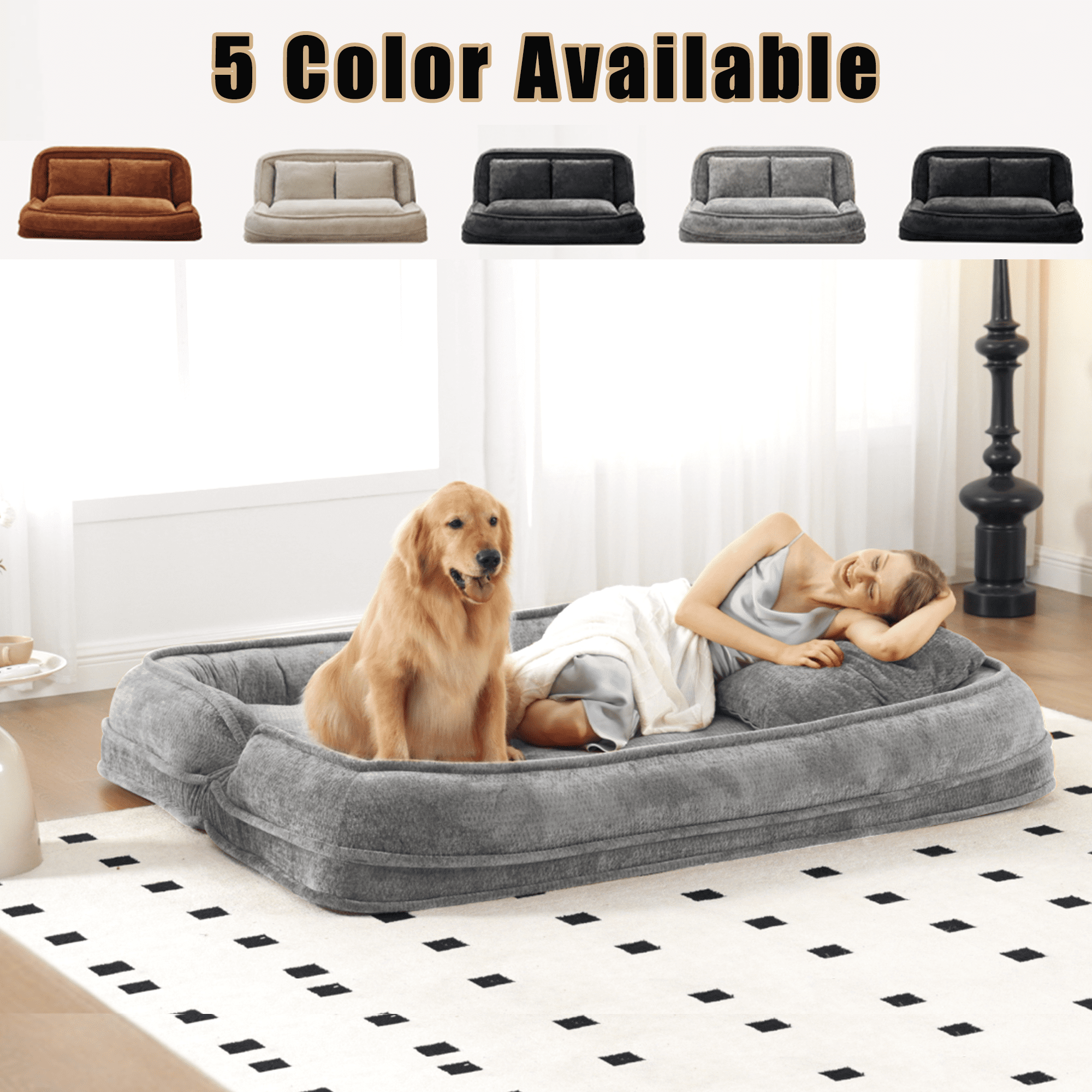 ZephyPaws Double Human Dog Bed,Extra Large Floor Couch with 5 Adjustable Position,Foldable Lazy Sofa Bed with Plump Pillow,2-in-1 Loveseat Couch Fits You & Pets, Plush Chenille,Light Gray