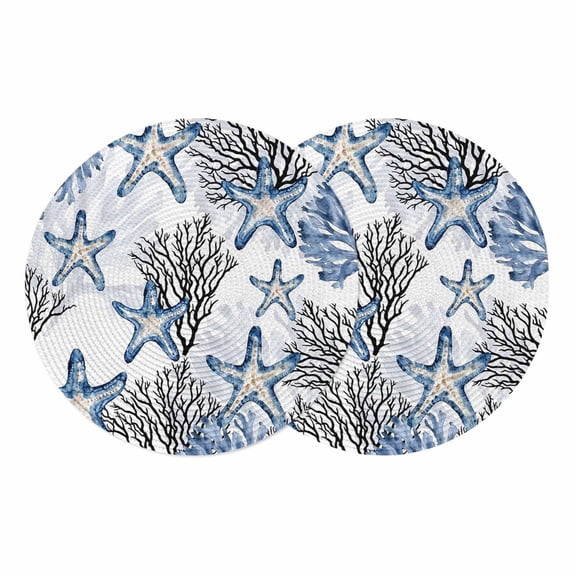 Coastal Blue Coral Round 13 Inch Placemats Set of 2, Summer Ocean Starfish Nautical Vintage HeatResistant Non Slip Place Mats for Dining Table, Wipeable Braided Kitchen Table Mats for Housewarming