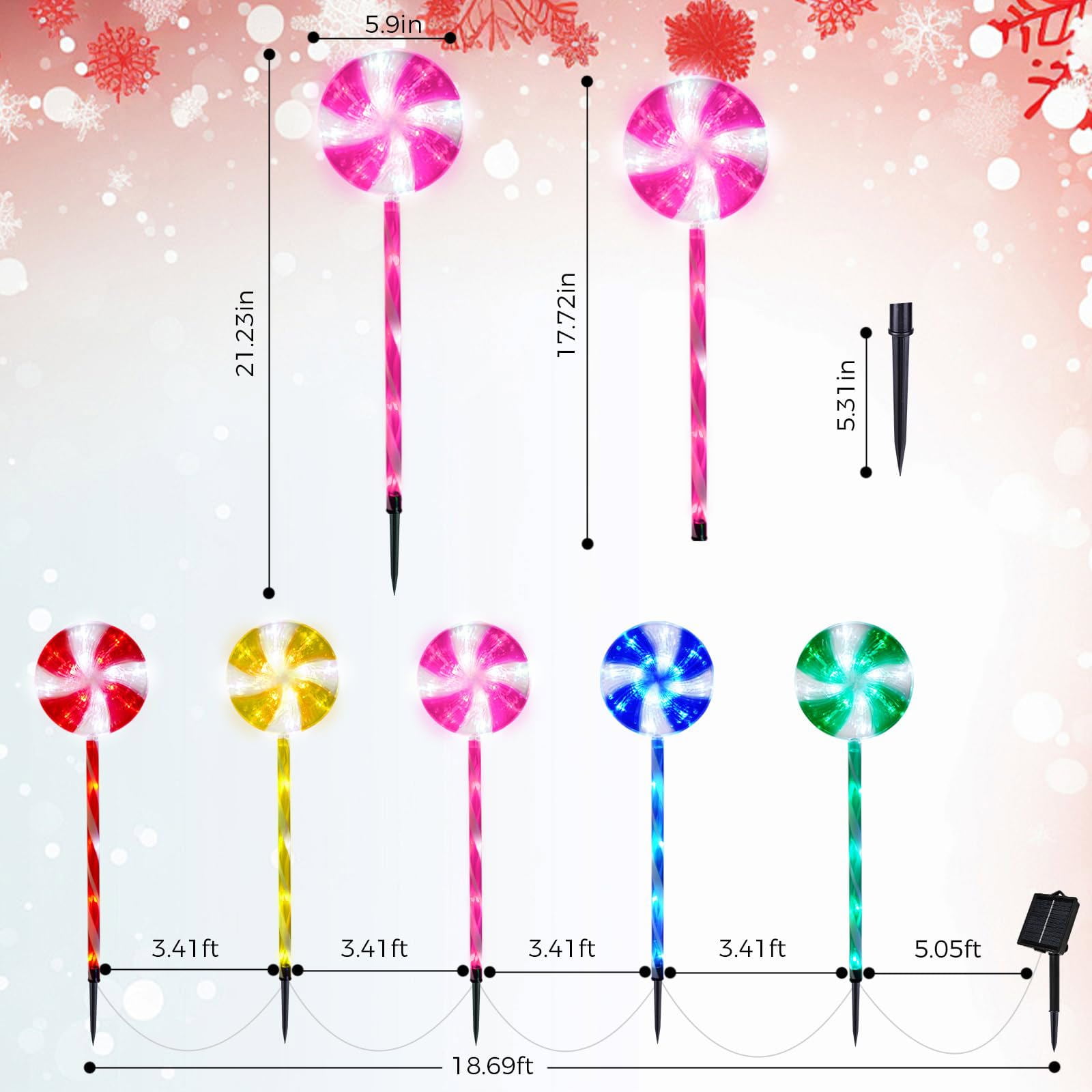 5 Pack Outdoor Christmas Decorations Solar Pathway Lights, Set of 5 Lollipops Stake Lights, 8 Modes Candy Cane Walkside Lights, Outdoor Xmas Decoration for Walkway,Yard
