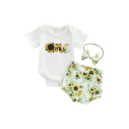 

Nokpsedcb Newborn Baby Boy Girl 3PCS Outfits Infant Short Sleeve Sunflower Sun Pattern Romper Elastic Waist Shorts Bow Headband White Sunflower 6-12 Months