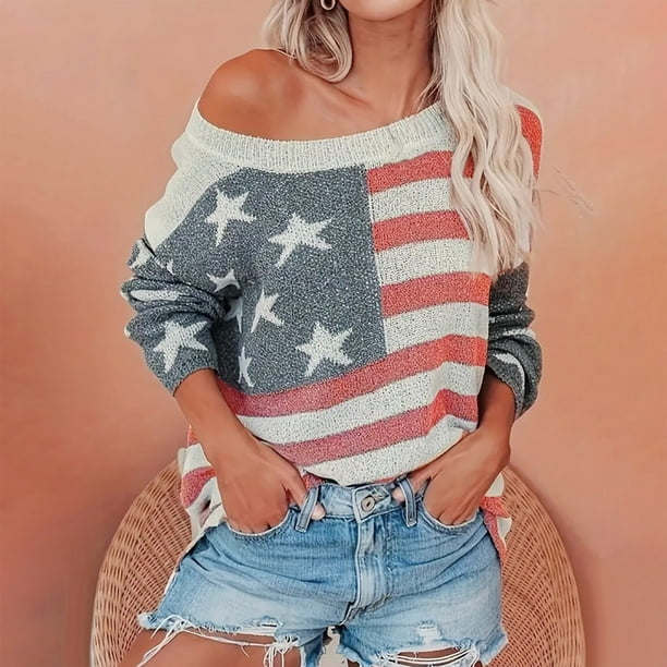 Ailaofu Women Amrican Flag Sweater Top Sleeve Off Shoulder Loose Knitted Shirt Vintage Knitwear