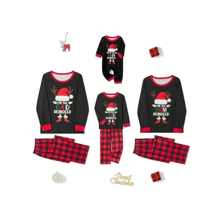 

AMILIEe Christmas Family Pajamas Matching Set Santa Hat Elk Print Long Sleeve Tops Plaid Pants Sleepwear