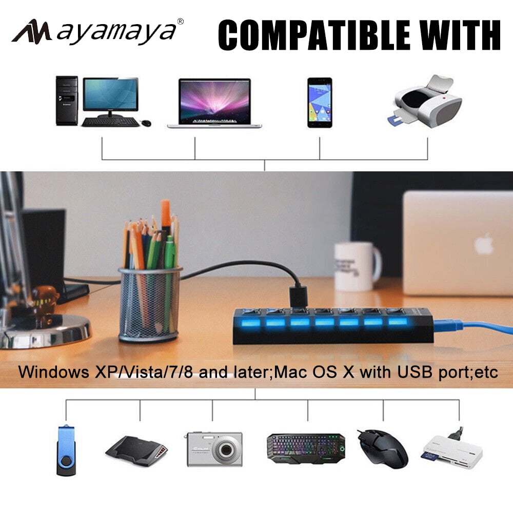 AYAMAYA 7-Port USB 3.0 High Speed Extension Charger Adapter with On/Off Switch & LED Light for PC/Laptop/PS4/Slim/Pro Hub
