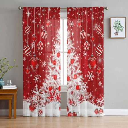 ERUNPONLY Red Christmas Tree Sheer Curtains 63 Inch Length 2 Panels Set Balls Xmas Snowflake Winter Voile Window Treatment Rod Pocket Curtains Sheers Drapes for Bedroom/Living Room/Kitchen 52x 63 x2