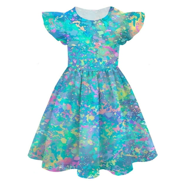 PMVFHDE Robe de Fête en Liquidation Filles Été Couleur Impression Numérique 3D Mignonne Personnalité Robe de Mode Robe à Manches Volantes, Bleu Ciel, 12-13 Ans