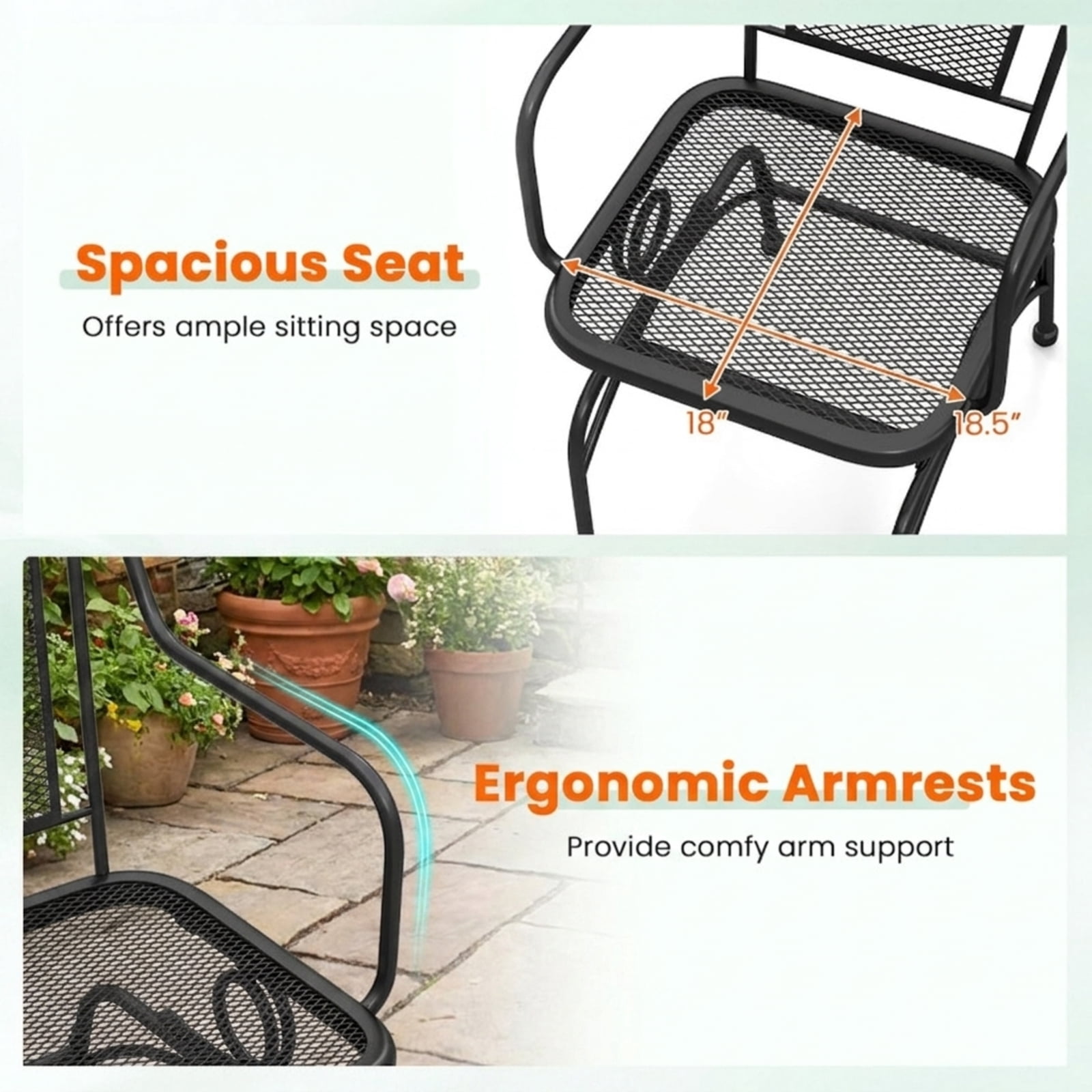 Biotree Outdoor Rocking Chairs Set of 2 with Mesh Backrest and Seat All-Metal Frame for Porch Patio Yard and Garden, Black