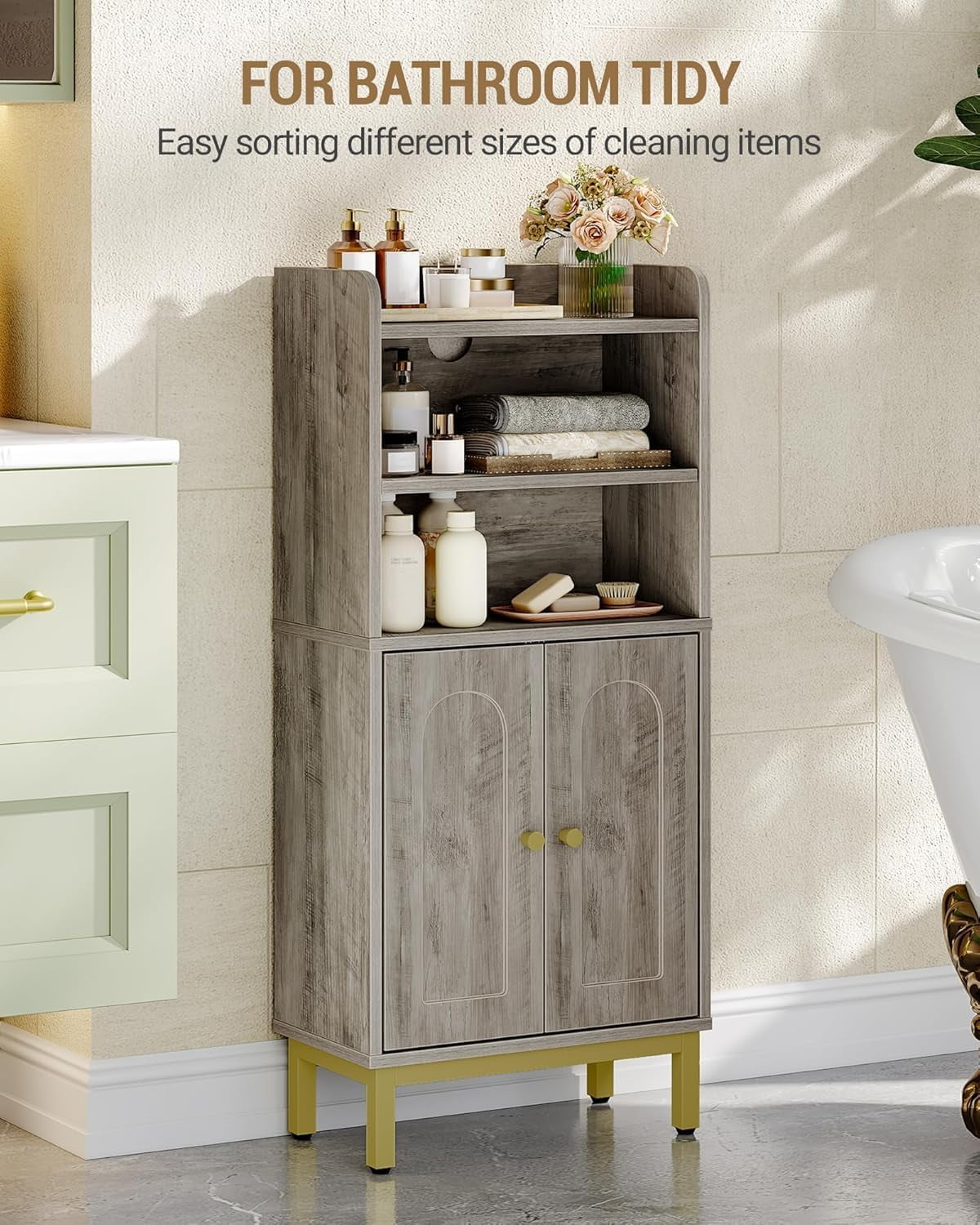 Bathroom Storage Cabinet, Small Floor Cabinet with 2 Door and Shelves, Toilet Paper Cabinets, Bathroom Organizer with Adjustable Shelf, for Small Spaces Greige 7.9" D x 14.6" W x 32.7" H