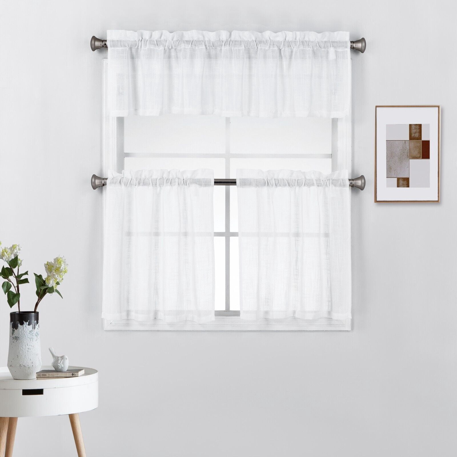 3 Piece Rod Pocket Linen Semi Sheer Kitchen Window Curtain Tiers and Valance Set