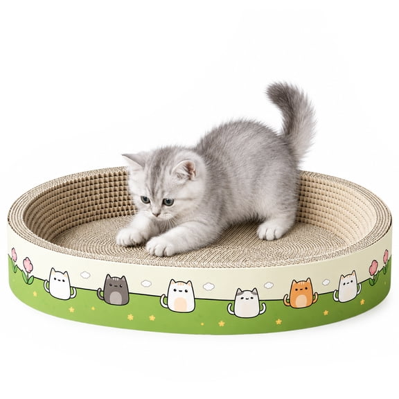 Oval Cat Scratcher Bed, 2 in 1 Corrugated Cardboard Cat Scratch Pad, Cat Scratcher Lounge for Indoor Cats, Protect Furniture, Cute Cartoon Print Cat Scratching Bowl