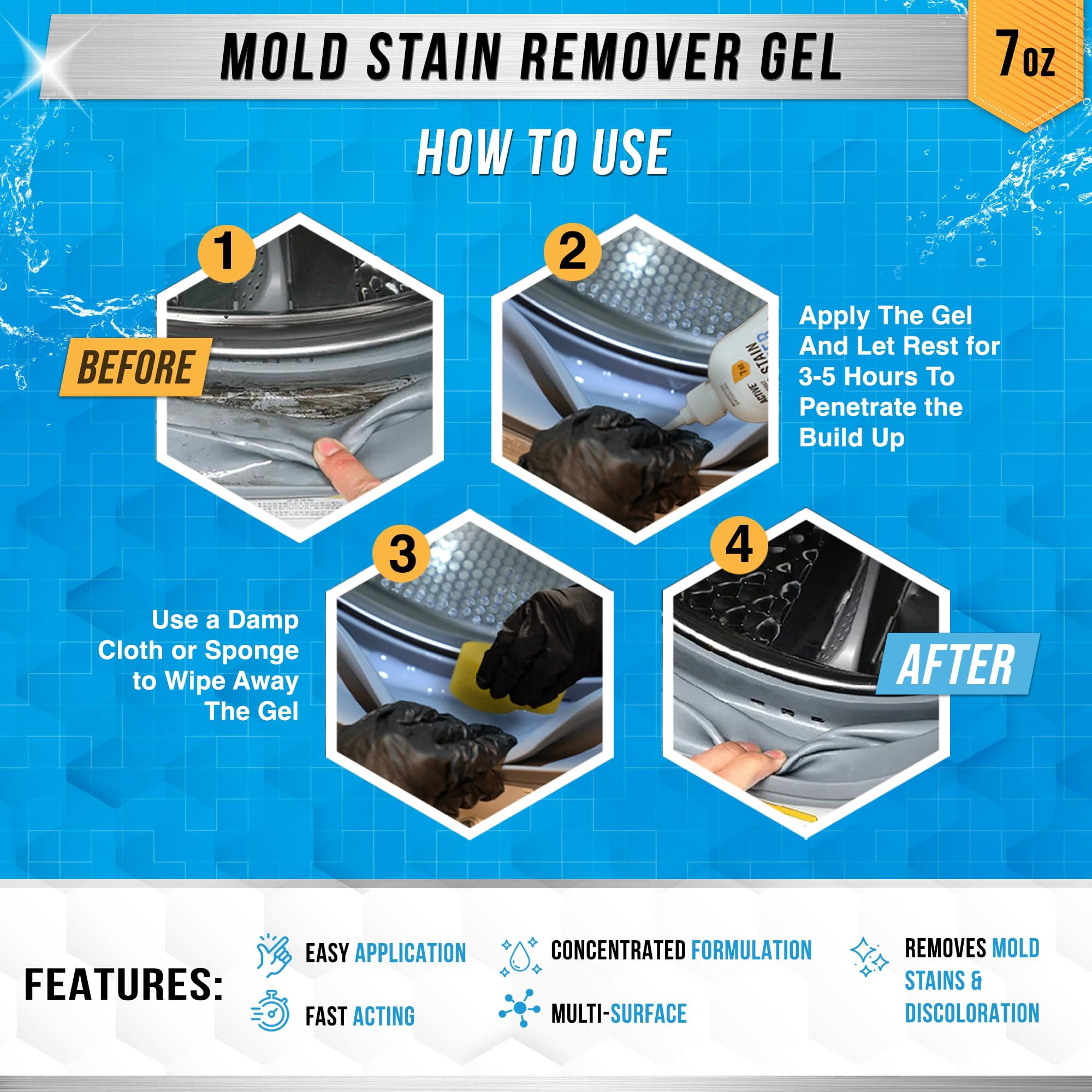 Active Mold Stain Remover Gel, Heavy Duty Solution for Washing Machine Seals and Bathroom Cleaner, 7 fl oz, 1 Count