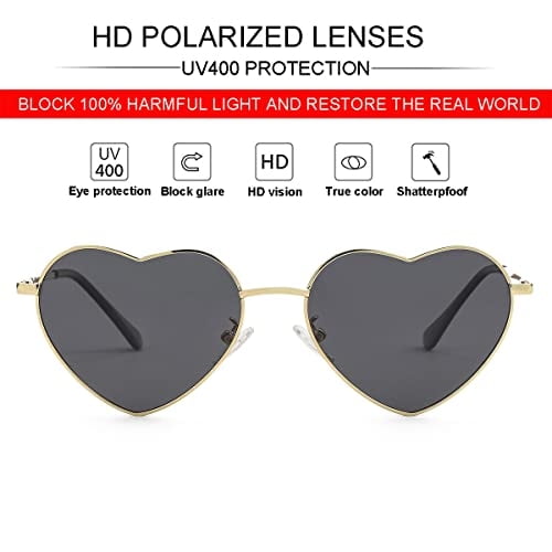 JOVAKIT Polarized Heart Sunglasses for Women Fashion Lovely Style Metal Frame UV400 Protection Lens (Gold/Grey) JOVAKIT JOVAKIT