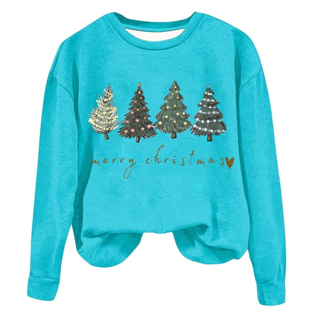 Staron Chandail de Noël Laid pour Femmes Col Rond Blouse Décontractée Chandail Tops de Noël Joyeux Noël Chandail en Molleton Imprimé Arbre de Noël Chandails en Molleton de Mode Cadeaux de Noël pour Petite Amie