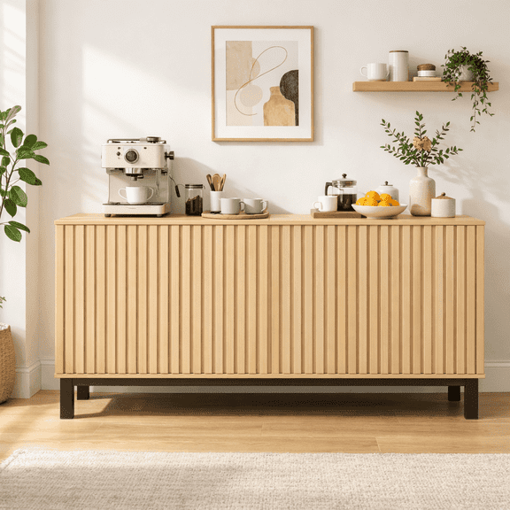 BelvaraHome 63" Fluted Sideboard with 4 Doors & Adjustable Shelves, Light Oak