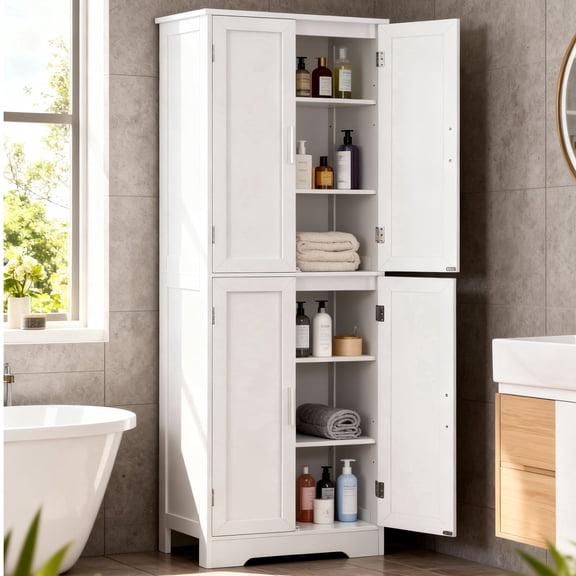 TEENFON 67” Freestanding Storage Cabinet, Kitchen Pantry Cabinet with 4 Doors and Adjustable Shelves, Tall Bathroom Cabinets for Dinning Room, Living Room, White