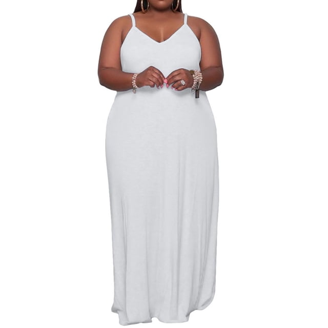 Sexy Dance Robes Maxi d'Été pour Femmes Sans Manches Longue Robe Nuisette Col en V Robe d'Été Ample Grande Taille Blanc 4TG