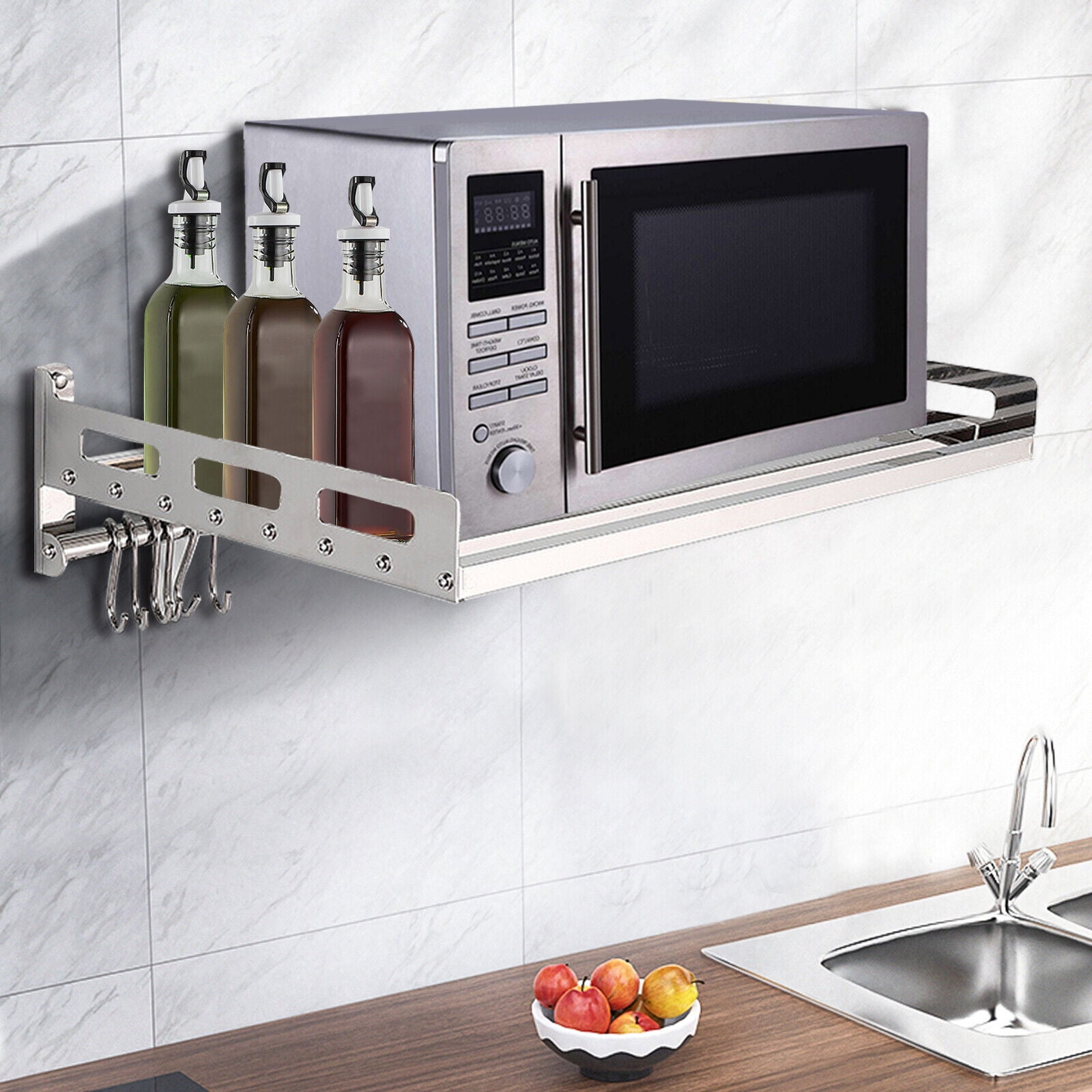 Wall Mount Microwave Oven Rack,Microwave Oven Bracket Wall Mount Shelf Cooker Holder Storage Rack w/ 12 Hooks