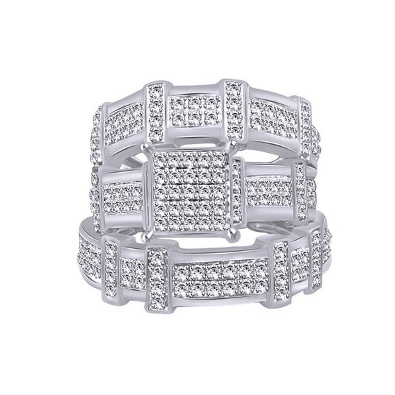 AFFY White Cubic Zirconia Engagement & Wedding Trio Band Ring Set In 10k White Gold (0.6 Cttw)