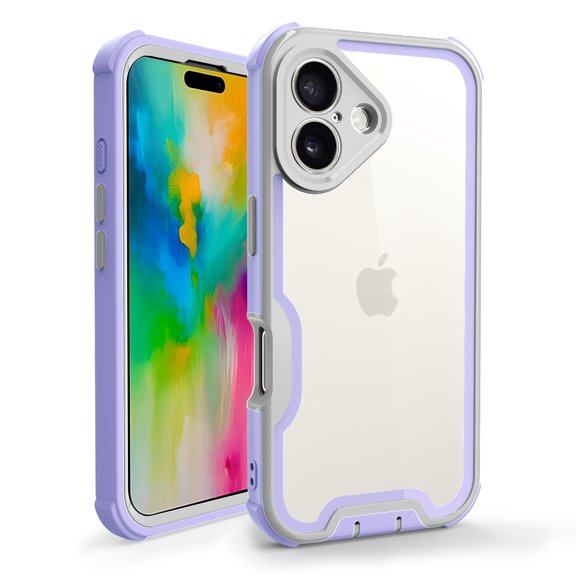 For iPhone 16 Rugged Phone Case,4-in1 Heavy Duty Designng,Transparent Back,Shockproof Anti-fall Military Grade Protection Drop Proof Thin Fit Bicolor Vivid Phone Case Cover,Lightpurple
