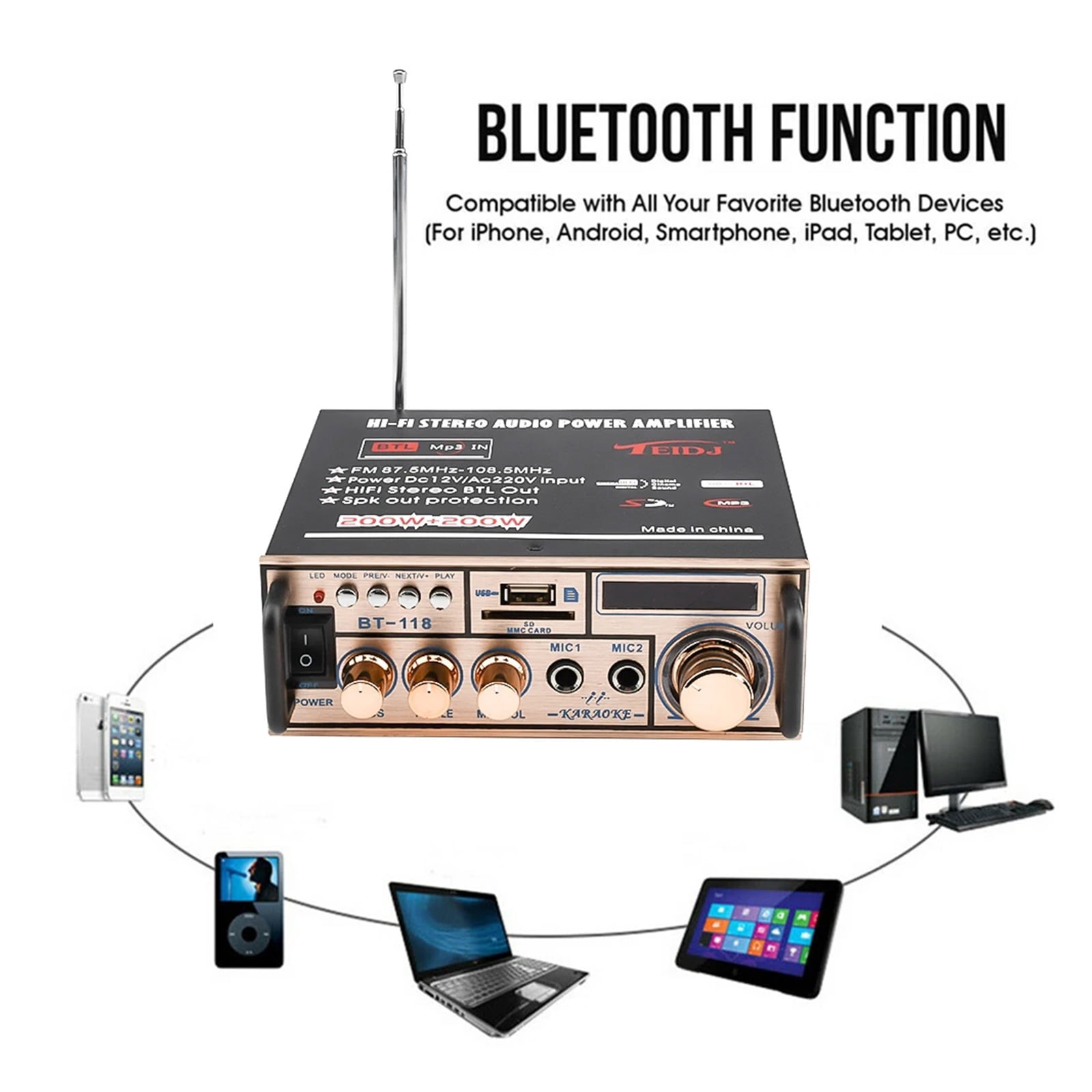 MiNI HIFI LCD Digital Bluetooth Power Amplifier Car Bass Home Theater Amplificador Speaker Treble Control FM USB SD 400W