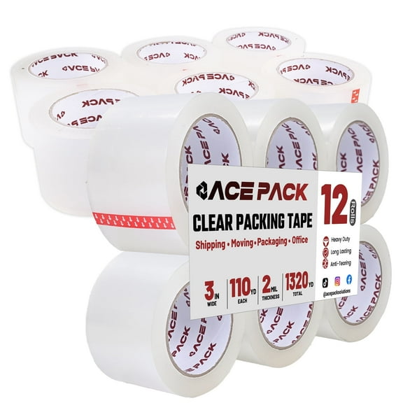 Ace Pack 3" Wide x 110 Yards per Roll, 2.0 Mil Thick Heavy Duty Clear Packing Tape Sealing Shipping Packaging Tape 12 Rolls