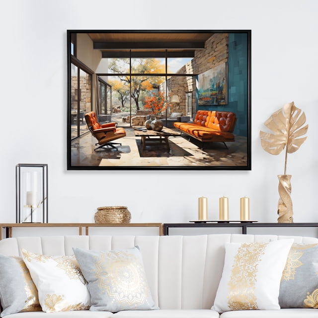 Designart Midcentury framed wall art, Organic Opulence in Orange Mid Century , Abstract Midcentury Large framed wall art decor, Orange Mid-Century Modern black framed wall art, black frame
