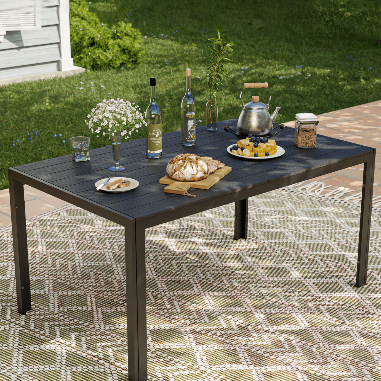 UDPATIO 7-Piece Outdoor Dining Set with High-Back Swivel Chairs & Iron Rectangle Table for 6-Person, Black & Khaki