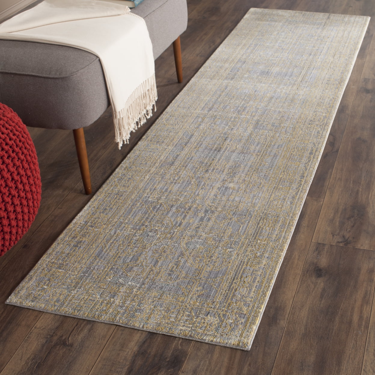 SAFAVIEH Valencia Julian Overdyed Polyester Runner Rug, Grey/Gold, 2'3" x 10'