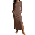 thumbnail image 2 of Viikei Three Quarter Sleeve Wrap Dress for Women Flattering,Women's Long Sleeved Solid Color Slit Long Straight Dress with Double Pockets Long Skirt Brown S, 2 of 7