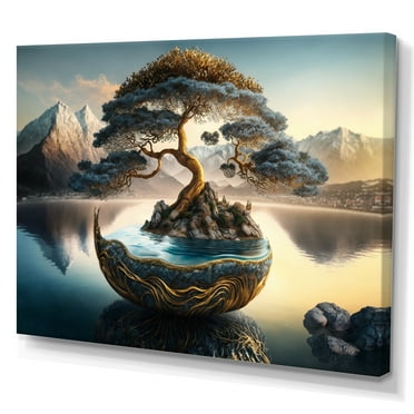 Designart Golden Bonsai Tree Canvas Wall Art