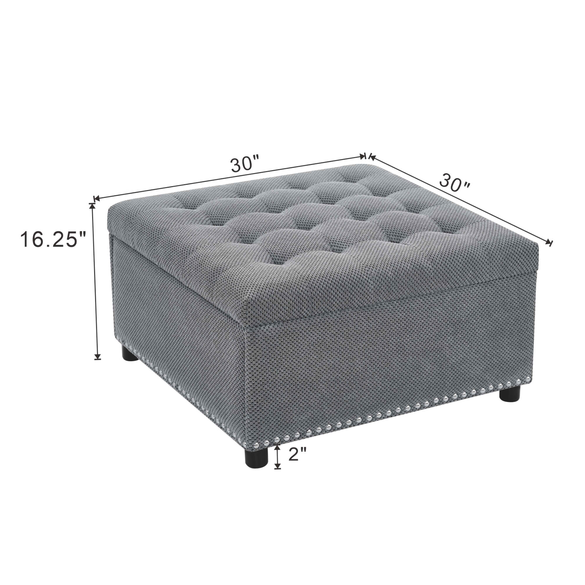 MAYEERTY 30 In Storage Ottoman, Tufted Footstool, Nailhead Trim, Square Ottoman, Light Gray