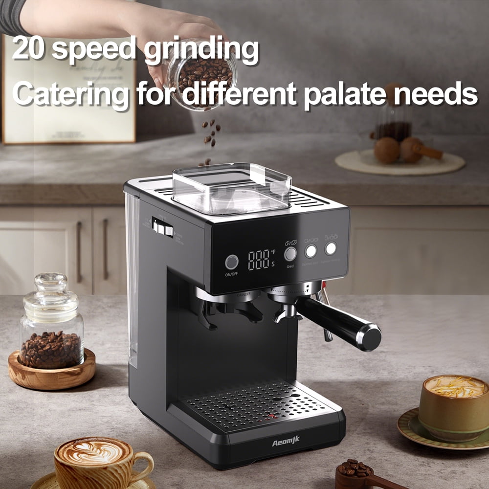 AEOMJK Grinding All-in-One Semi-Automatic Coffee Machine, Temperature Display, Time Display, Froth Milk with Steam Stick, Easy Operation Espresso Machine, Can Make Espresso, Latte, Cappuccino