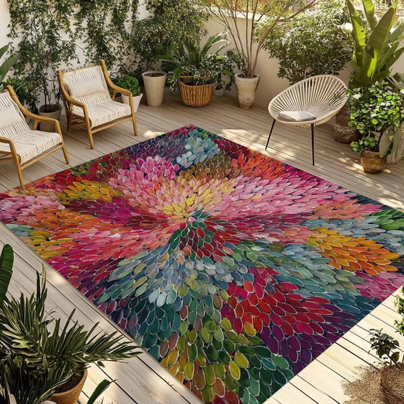 Colorful Dahlia Outdoor Rug for Patio/Deck/Porch, Non-Slip Large Area Rug 4 x 6 Ft, Spring Flowers Modern Abstract Art Indoor Outdoor Rugs Washable Area Rugs, Reversible Camping Rug Carpet Runner
