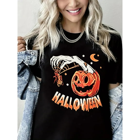 Pumpkin and Skeleton Print Halloween Spooky Season Short Sleeve Shirt for Women