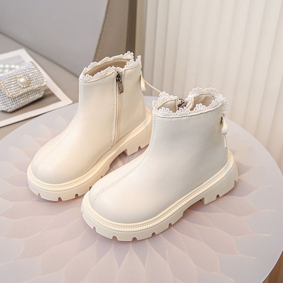 Bnwani Boots for Girls Ankle PU Leather Side Zipper Lace Flat Princess Booties 3-9 Years