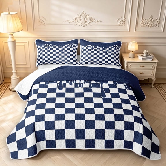 Manfei Checkered Art Twin Quilt Set,Geometric Plaid Twin Coverlet Set,Navy White,2-Piece,1 Bedspread and 1 Pillowcase