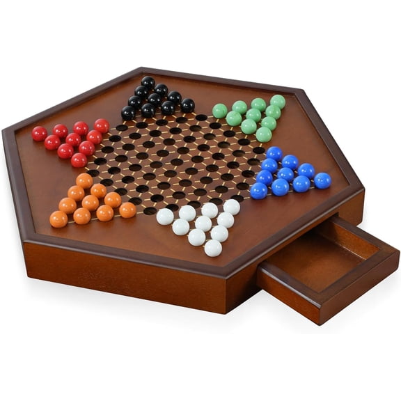 15" Large Upgraded Wooden Chinese Checkers Game Board, Premium 16mm Glass Marbles (60   12 Extras), Easy Grasping for Adults and Kids w/Storage Drawer