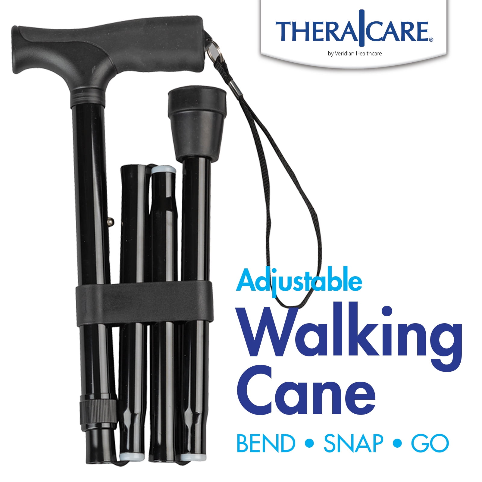 Thera|Care Adjustable Folding Walking Cane | 300 lbs Capacity | Sturdy, Lightweight Aluminum | Pouch