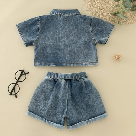 

NECHOLOGY Toddler Girls Summer Short Sleeved Denim Tops Solid Colour Shorts With Belt 3pcs Jean New Born Baby Clothes for Girl Childrenscostume A 3-4 Years