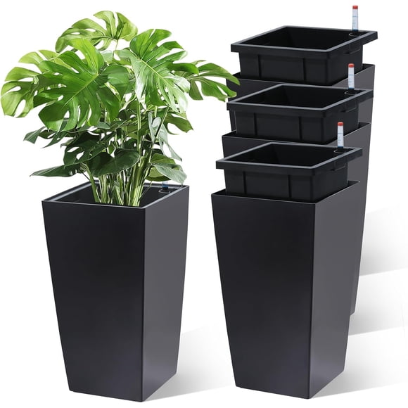 Ensemble de 4 Jardinières Auto-Arrosantes avec Indicateur de Niveau d'Eau, Pots de Fleurs en Résine de 16 Pouces de Hauteur avec Trous de Drainage et Seau Intérieur, Jardinière de Jardin Extérieure Intérieure pour Patio, Véranda, Balcon, Blanc Noir