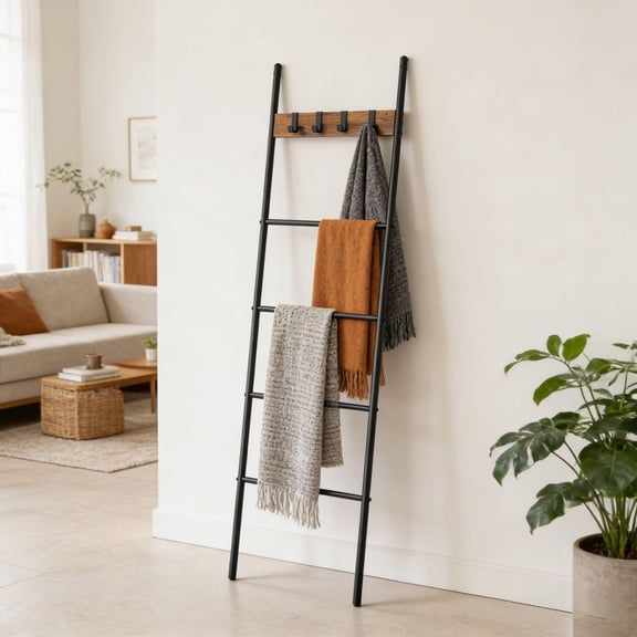 LEDREM 5-Tier Blanket Ladder Shelf, Industrial Metal Frame with 4 Hooks, Space-Saving Display for Blankets, Towels, Rustic Brown and Black