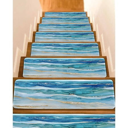 Teal Blue Ombre Stair Treads for Wooden Steps Indoor Runner Rug Carpet Modern Coastal Ink Painted Abstract 10 Pieces Peel and Stick Staircase Step Treads Covers Washable Throw Door Mats 30 x8
