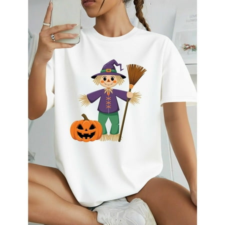 Women Halloween Scary T Shirt Pumpkin Broom Graphic Tee Soft Sheer Party Wear Fall Holiday Outfit White S-5XL