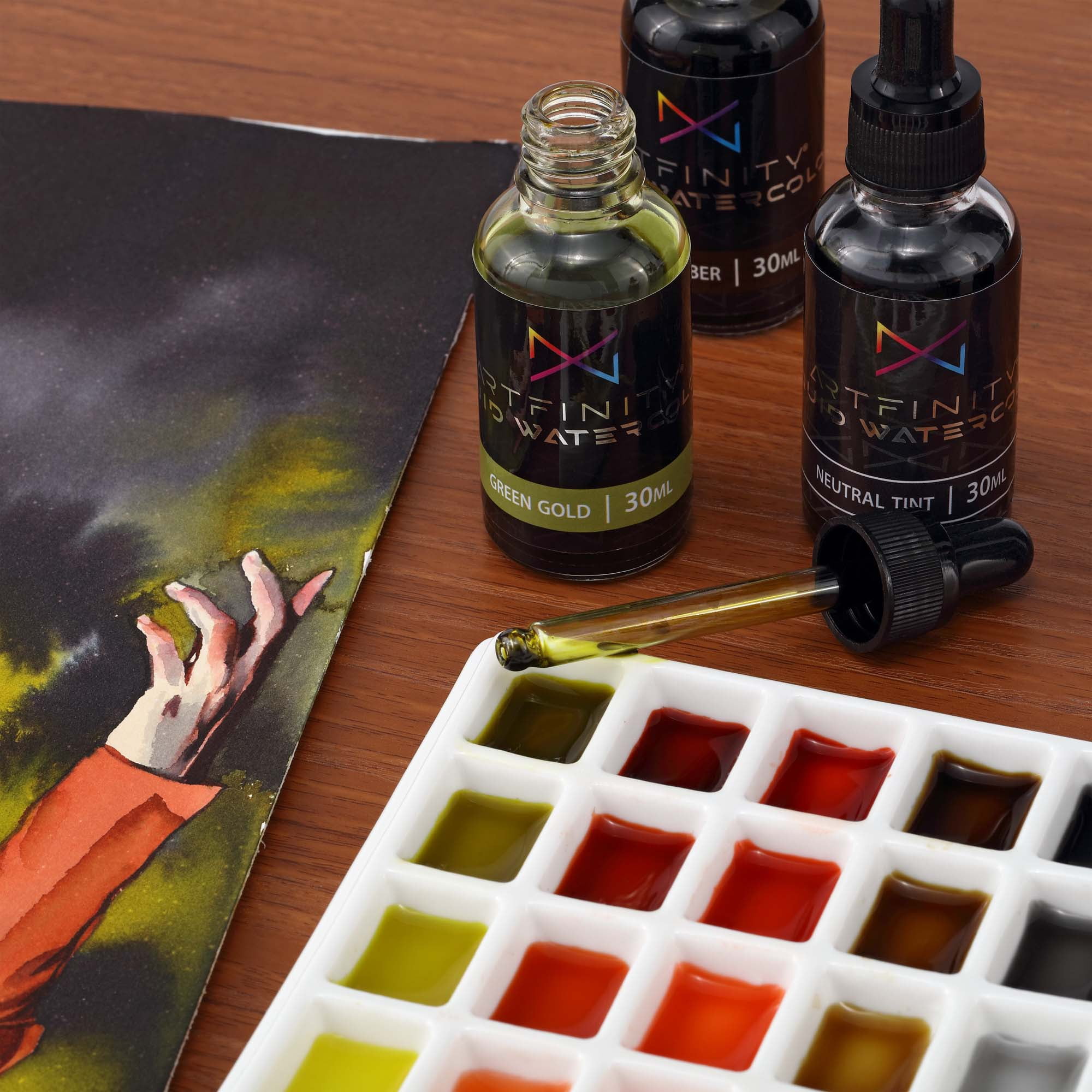 Artfinity Liquid Watercolor Paint 30 ml Bottles, Set of 12 Colors - Vibrant Dye-Based Liquid Watercolor w/ Glass Pipette, Fast-Drying, Fine Art Paint for Calligraphy, Airbrushing & Traditional Art
